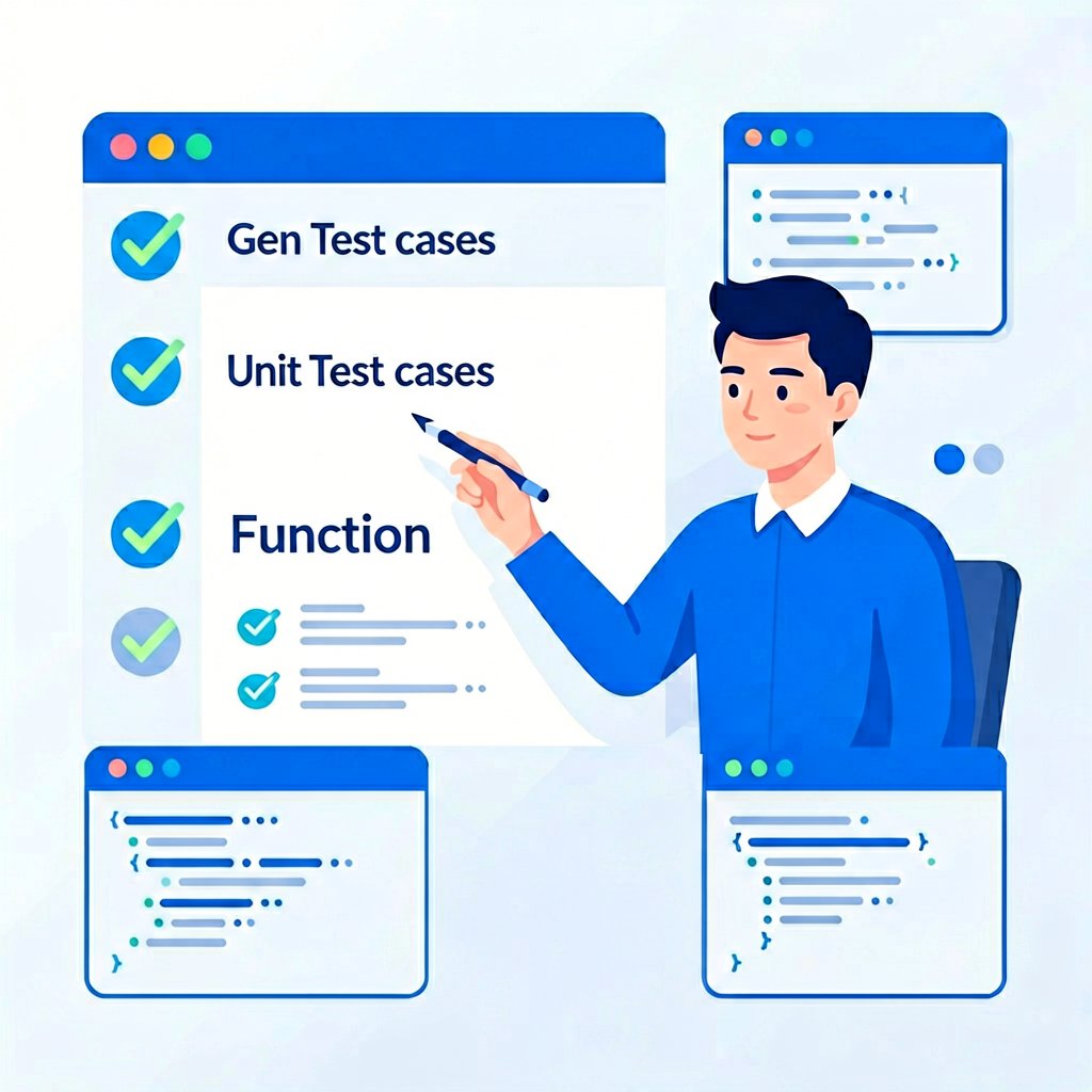 AI coding assistant generating unit test cases with checkmarks and code blocks