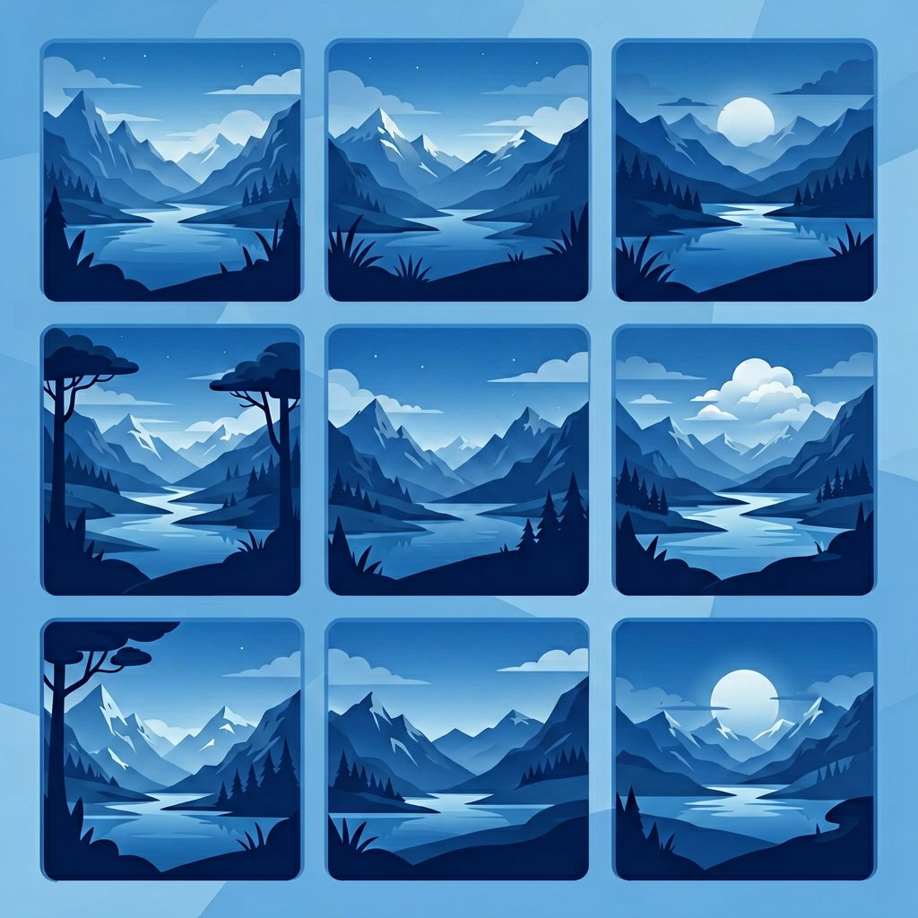 AI image generator output grid showing cinematic concept art and atmospheric landscapes